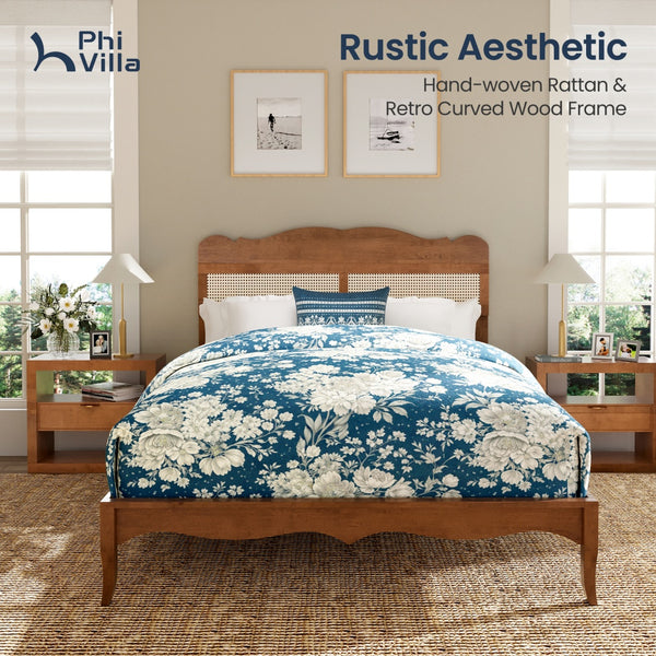 Phi Villa Classic Style Wooden Bed Frame with Rattan Headboard