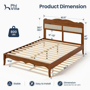 Phi Villa Classic Style Wooden Bed Frame with Rattan Headboard