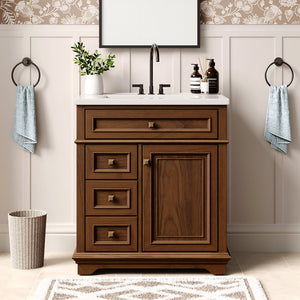 30 inch Traditional Single Sink Bathroom Vanity with Solid Wood Cabinet & Ceramic Basin