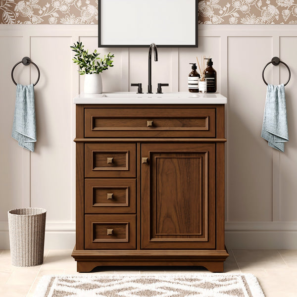 30 inch Traditional Single Sink Bathroom Vanity with Solid Wood Cabinet & Ceramic Basin