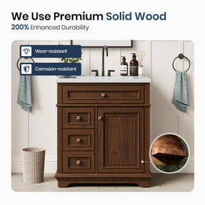 30 inch Traditional Single Sink Bathroom Vanity with Solid Wood Cabinet & Ceramic Basin