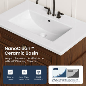30 inch Traditional Single Sink Bathroom Vanity with Solid Wood Cabinet & Ceramic Basin