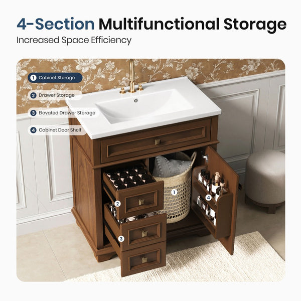 30 inch Traditional Single Sink Bathroom Vanity with Solid Wood Cabinet & Ceramic Basin