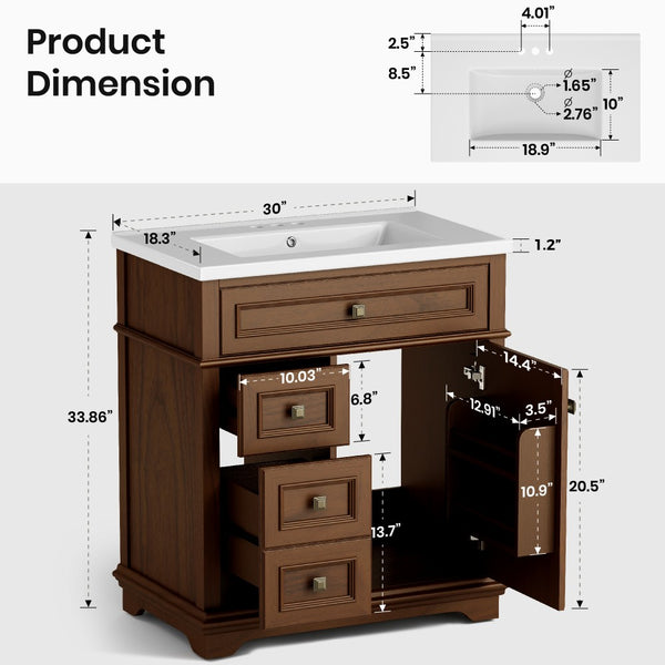 30 inch Traditional Single Sink Bathroom Vanity with Solid Wood Cabinet & Ceramic Basin