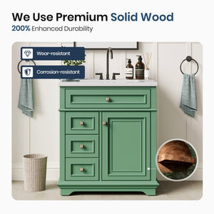 30 inch Traditional Single Sink Bathroom Vanity with Solid Wood Cabinet & Ceramic Basin