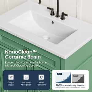 30 inch Traditional Single Sink Bathroom Vanity with Solid Wood Cabinet & Ceramic Basin