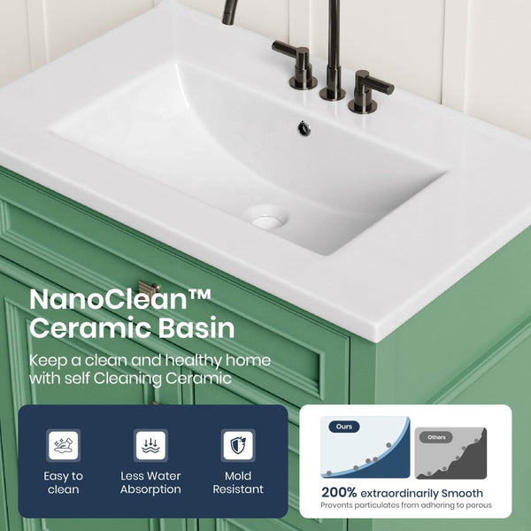 30 inch Traditional Single Sink Bathroom Vanity with Solid Wood Cabinet & Ceramic Basin