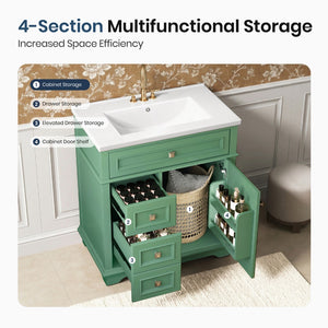 30 inch Traditional Single Sink Bathroom Vanity with Solid Wood Cabinet & Ceramic Basin