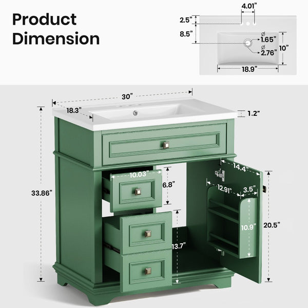 30 inch Traditional Single Sink Bathroom Vanity with Solid Wood Cabinet & Ceramic Basin