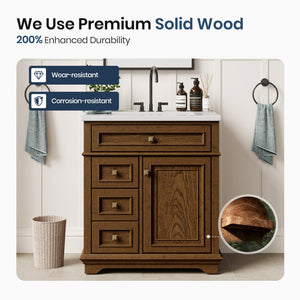 30 inch Traditional Single Sink Bathroom Vanity with Solid Wood Cabinet & Ceramic Basin