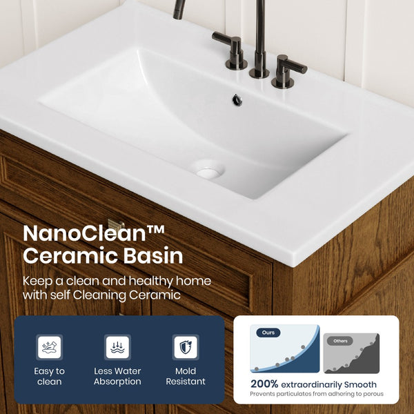 30 inch Traditional Single Sink Bathroom Vanity with Solid Wood Cabinet & Ceramic Basin