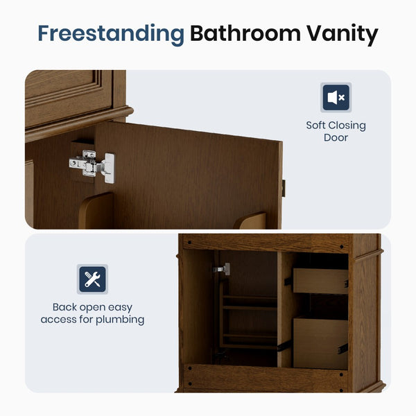 30 inch Traditional Single Sink Bathroom Vanity with Solid Wood Cabinet & Ceramic Basin