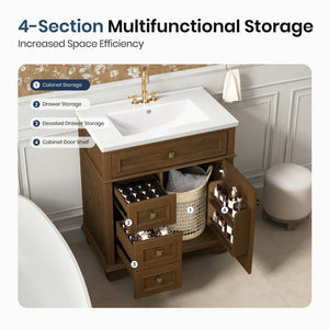 30 inch Traditional Single Sink Bathroom Vanity with Solid Wood Cabinet & Ceramic Basin