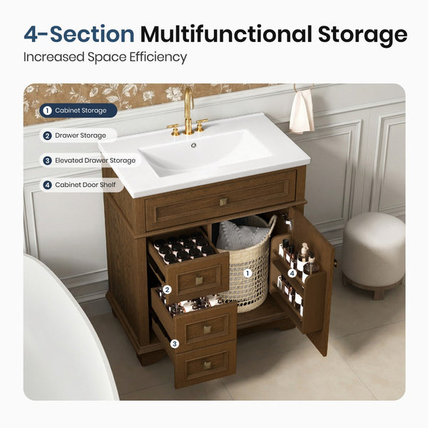 30 inch Traditional Single Sink Bathroom Vanity with Solid Wood Cabinet & Ceramic Basin