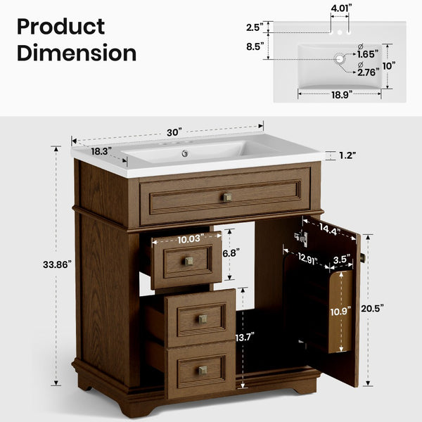 30 inch Traditional Single Sink Bathroom Vanity with Solid Wood Cabinet & Ceramic Basin