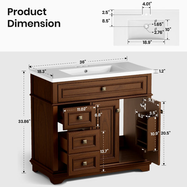 36 inch Single Sink Solid Wood Bathroom Vanity with Integrated Ceramic Basin