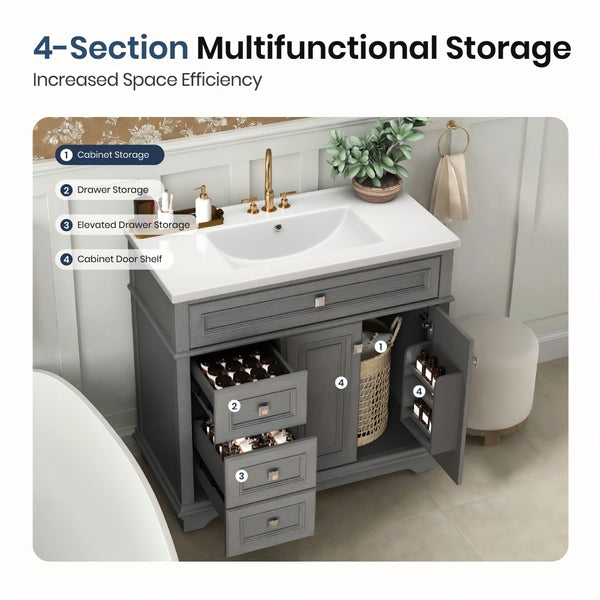 36 inch Single Sink Solid Wood Bathroom Vanity with Integrated Ceramic Basin