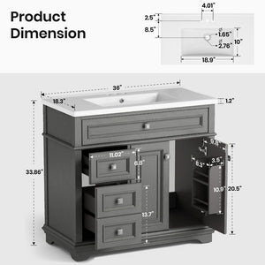 36 inch Single Sink Solid Wood Bathroom Vanity with Integrated Ceramic Basin