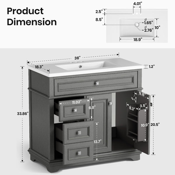 36 inch Single Sink Solid Wood Bathroom Vanity with Integrated Ceramic Basin
