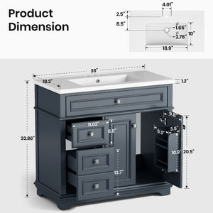 36 inch Single Sink Solid Wood Bathroom Vanity with Integrated Ceramic Basin