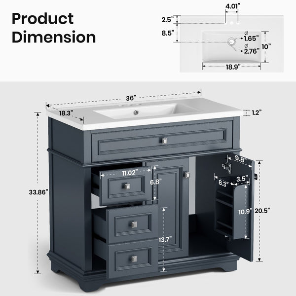 36 inch Single Sink Solid Wood Bathroom Vanity with Integrated Ceramic Basin