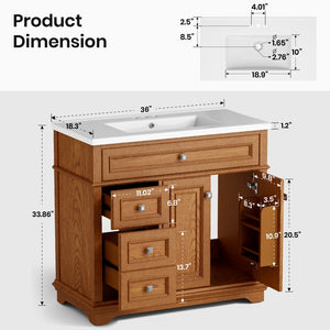 36 inch Single Sink Solid Wood Bathroom Vanity with Integrated Ceramic Basin