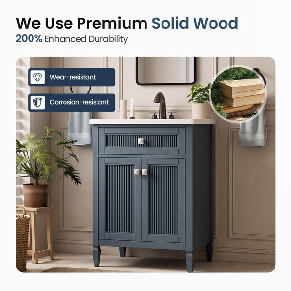 24"/36" Solid Wood Single Bathroom Vanity with Ceramic Top