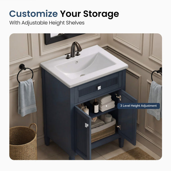 24"/36" Solid Wood Single Bathroom Vanity with Ceramic Top
