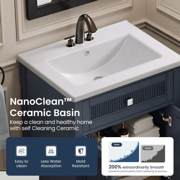 24"/36" Solid Wood Single Bathroom Vanity with Ceramic Top