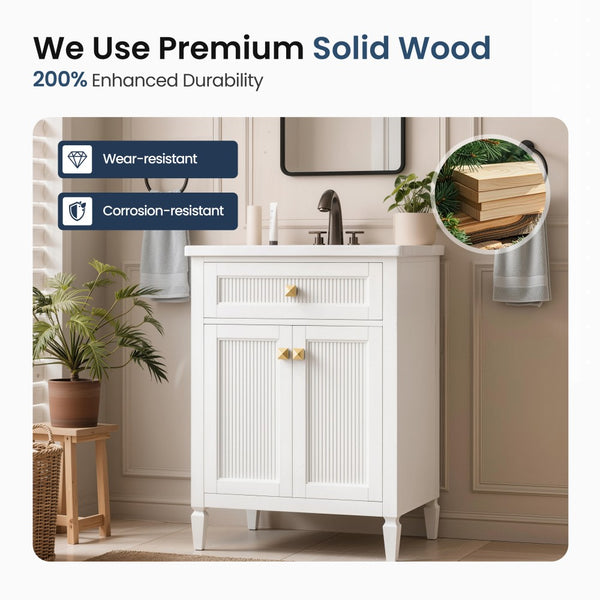 24"/36" Solid Wood Single Bathroom Vanity with Ceramic Top