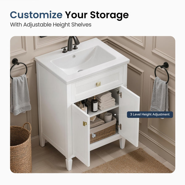 24"/36" Solid Wood Single Bathroom Vanity with Ceramic Top