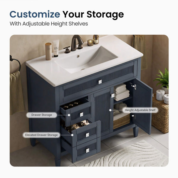 24"/36" Solid Wood Single Bathroom Vanity with Ceramic Top