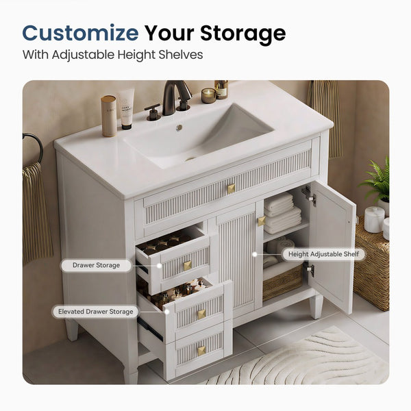 24"/36" Solid Wood Single Bathroom Vanity with Ceramic Top