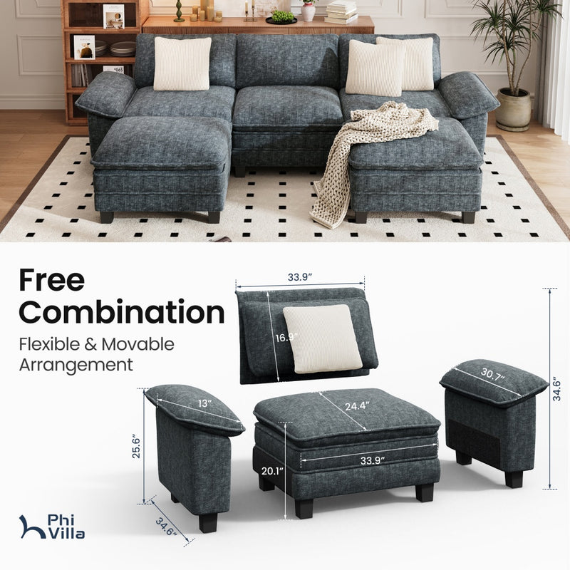 Chenille Living Room Sofa Couch Cloud-like Modular Sectional with Ottoman