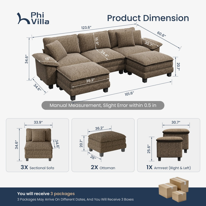 Chenille Living Room Sofa Couch Cloud-like Modular Sectional with Ottoman