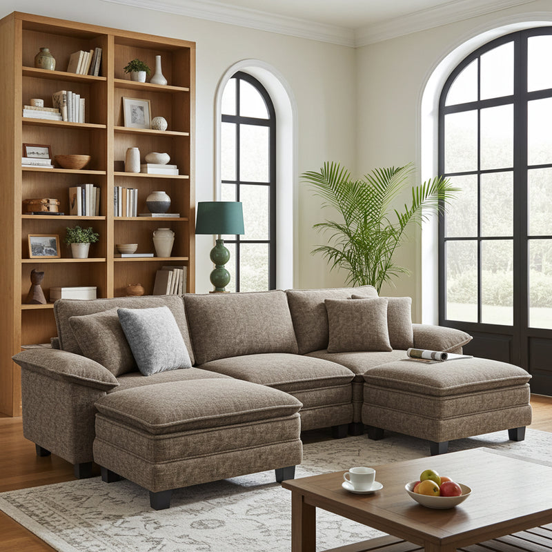 Chenille Living Room Sofa Couch Cloud-like Modular Sectional with Ottoman