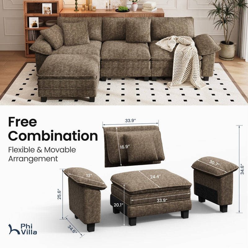 Chenille Living Room Sofa Couch Cloud-like Modular Sectional with Ottoman