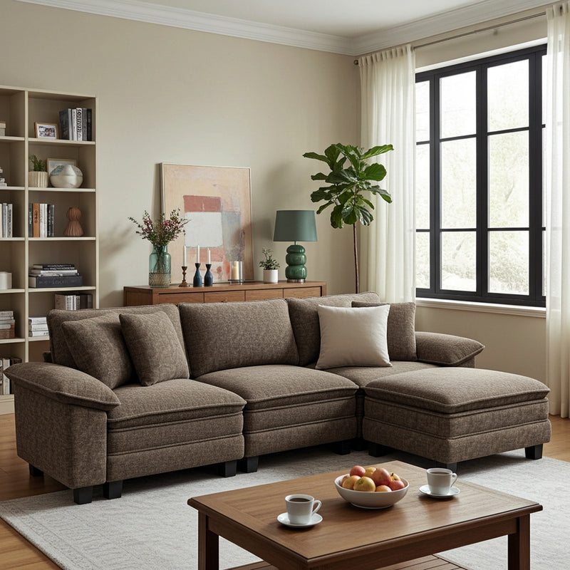 Chenille Living Room Sofa Couch Cloud-like Modular Sectional with Ottoman