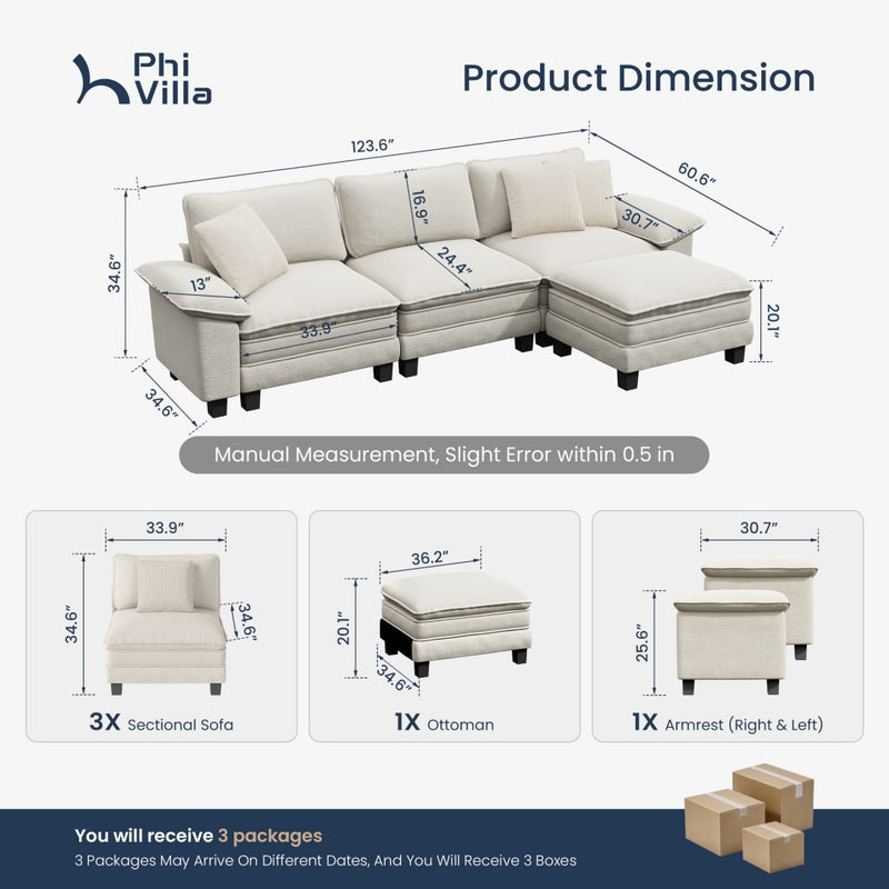 Chenille Living Room Sofa Couch Cloud-like Modular Sectional with Ottoman