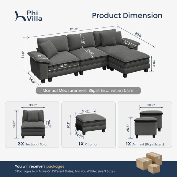 Briar Cloud-like Living Room Sofa Couch Modular Sectional Corduroy Large Set