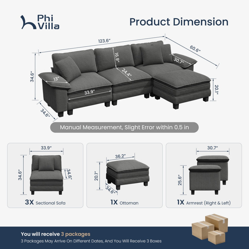 Cloud-like Living Room Sofa Couch Modular Sectional Corduroy Large Set