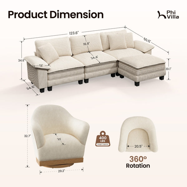 Briar Combo Set Corduroy Living Room Sofa and  Swivel Chair