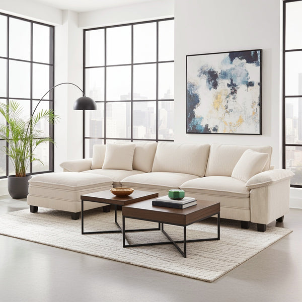 a beige sectional sofa with ottoman