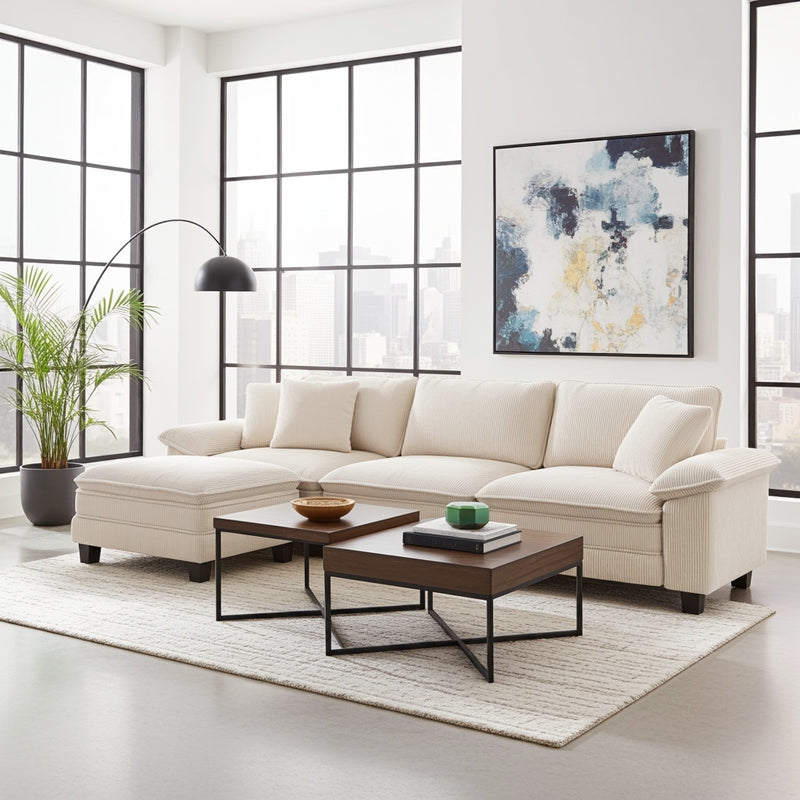 a beige sectional sofa with ottoman