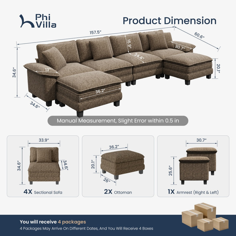 Chenille Living Room Sofa Couch Cloud-like Modular Sectional with Ottoman