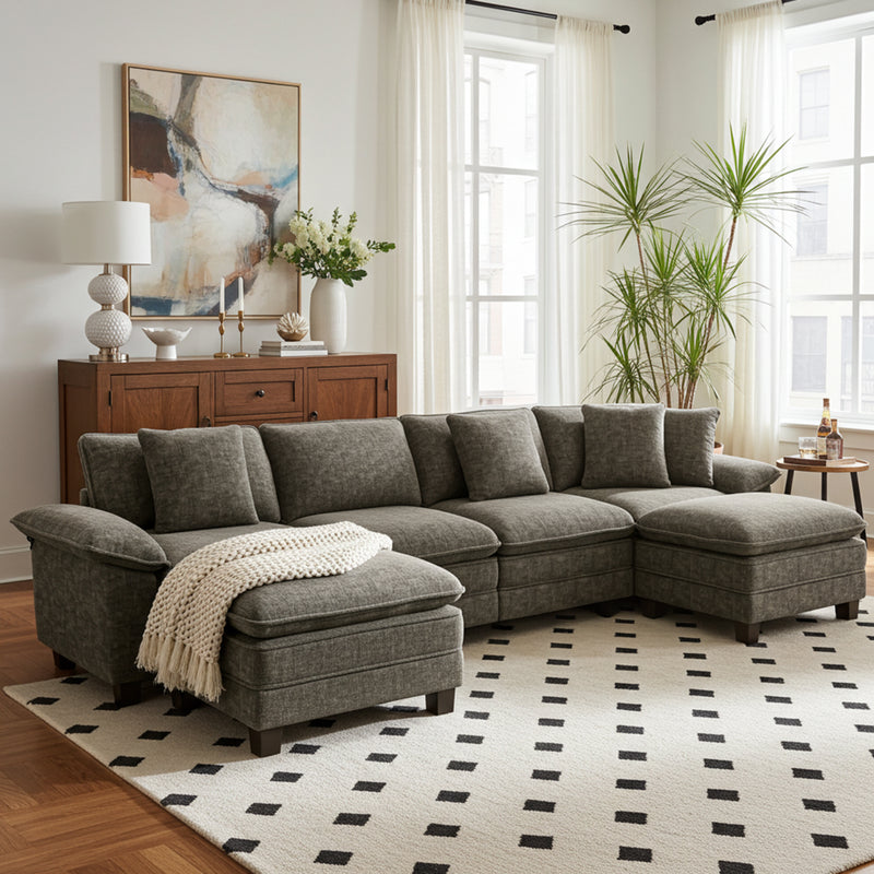 Briar Chenille Living Room Sofa Couch Cloud-like Modular Sectional with Ottoman