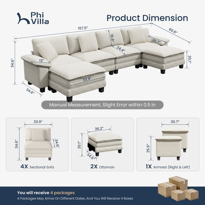 Chenille Living Room Sofa Couch Cloud-like Modular Sectional with Ottoman