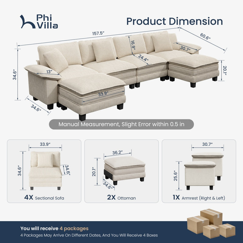 Cloud-like Living Room Sofa Couch Modular Sectional Corduroy Large Set