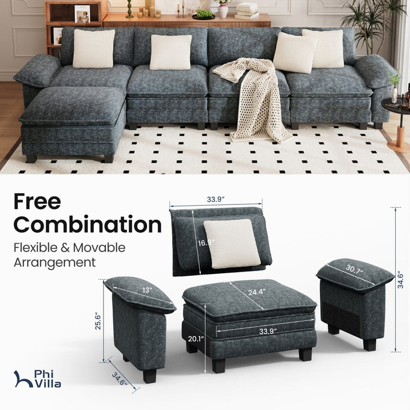 Chenille Living Room Sofa Couch Cloud-like Modular Sectional with Ottoman