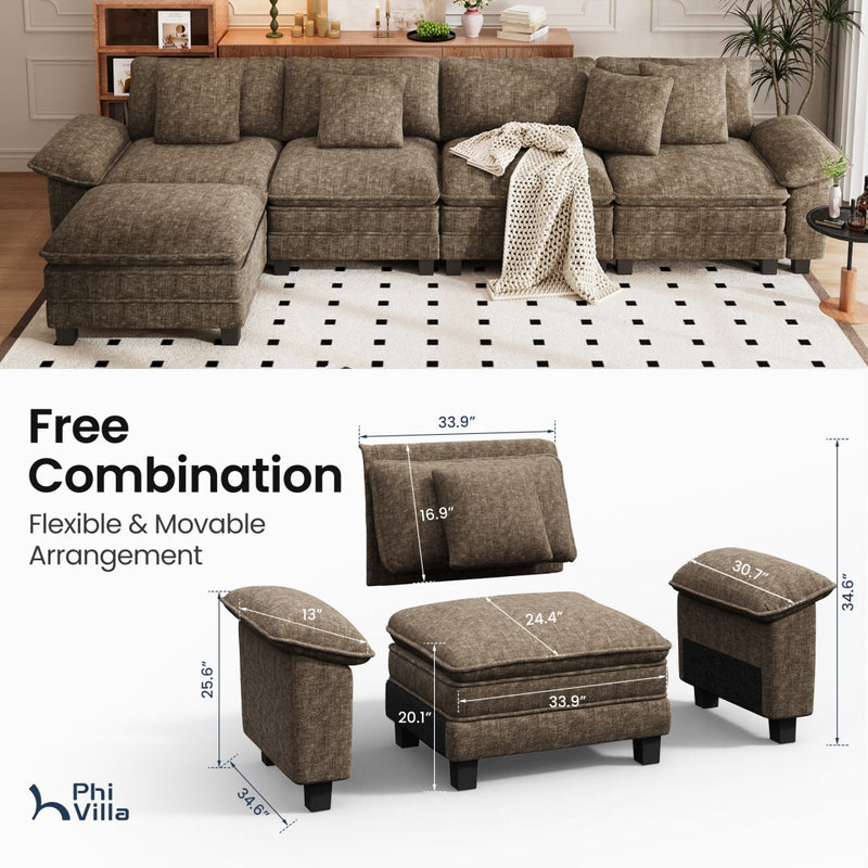 Chenille Living Room Sofa Couch Cloud-like Modular Sectional with Ottoman